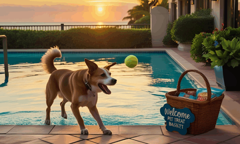 A cozy pet-friendly hotel patio at sunset, with a happy dog playing fetch near a sparkling pool, lush greenery, and a welcome pet treat basket.